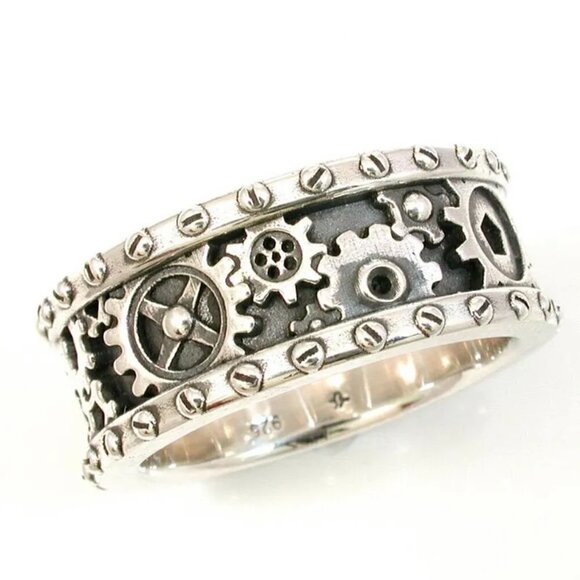 925 Silver Mechanical Gear and Rivet Detail Ring #805 (Men's or Women's) - Picture 7 of 12